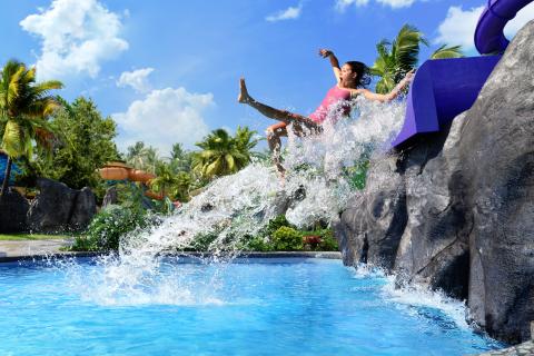 A young girl splashes into the pool from a purple drop slide at Universal’s Volcano Bay surrounded by tropical palm trees and blue skies.