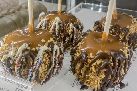 Chocolate-covered apples with caramel at Celebration Town Center.