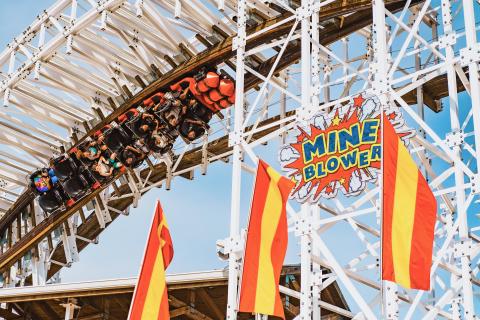 Wooden roller coaster called Mine Blower at Fun Spot Kissimmee.
