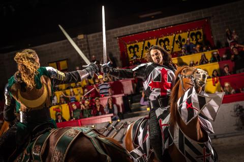 Two knights sword-fighting on the backs of horses at Medieval Times Dinner & Tournament
