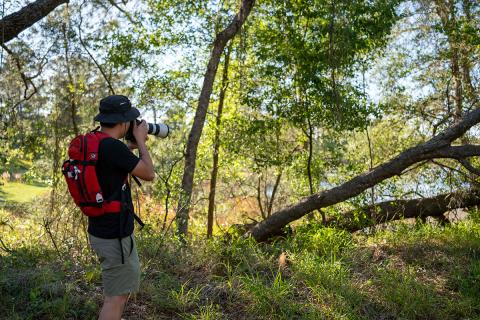 A person wearing a red backpack and bucket hat takes photos with a telephoto lens while exploring a wooded nature area in Kissimmee, Florida.