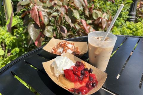 What we tried: Belgian Waffle with Warm Chocolate Ganache, Belgian Waffle with Berry Compote and Whipped Cream, and a Belgian Chilled Coffee 