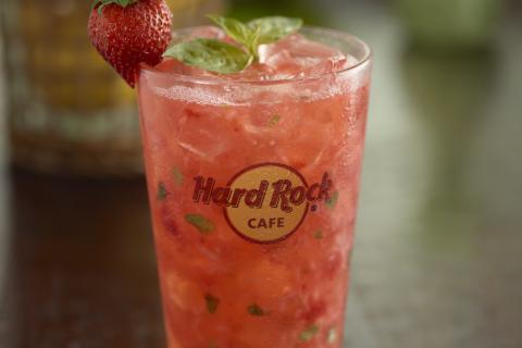 Red drink with a strawberry from Hard Rock Cafe.
