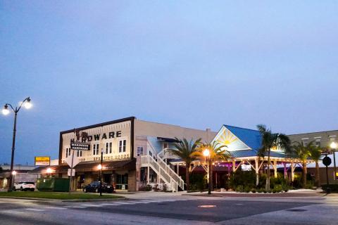 Nighttime view of the Makinson Hardware store, now 1881 Restaurant in Downtown Kissimmee