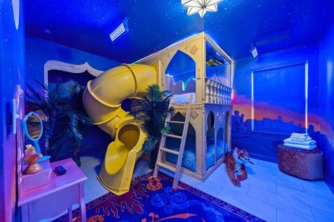 The Arabian Nights inspired room within Dream Estate features views of a desert, a magic carpet, and tigers throughout.