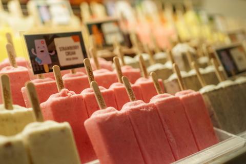 Colorful handcrafted popsicles on display at ABBAletas in Downtown St. Cloud, Florida.
