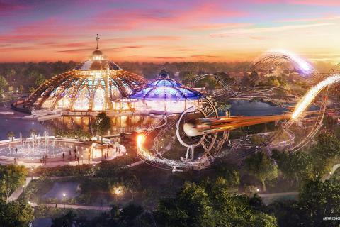 Rendering of Celestial Park at Universal Epic Universe featuring glowing domes, winding roller coaster tracks, and sparkling fountains under a dreamy night sky.