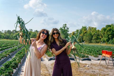 Maryam Ishtiaq and Jen Bonner smiling and holding up freshly picked large onions at Mick Farms, standing among rows of green crops under a sunny sky.