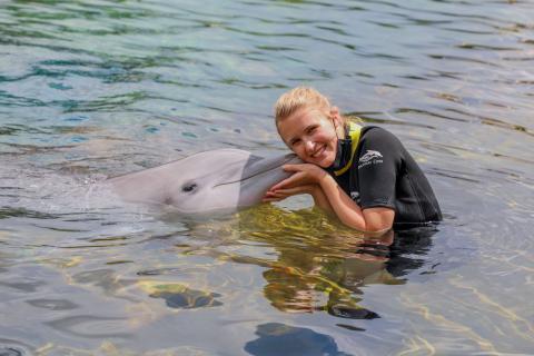 A smiling woman in a wetsuit gently hugs a dolphin while swimming in the clear waters at Discovery Cove in Orlando, Florida.