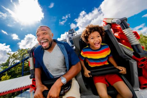A father and son laugh with excitement while riding a fast roller coaster under a bright blue sky at LEGOLAND® Florida Resort in Kissimmee.