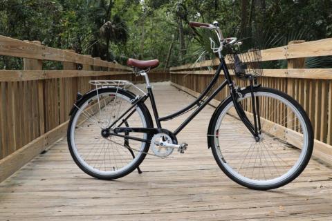 Black bicycle parked on a wooden boardwalk surrounded by lush green trees in Celebration, Florida.