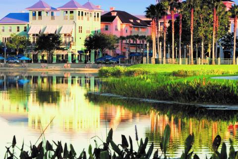 Lakeside view of downtown Celebration showing shops and restaurants