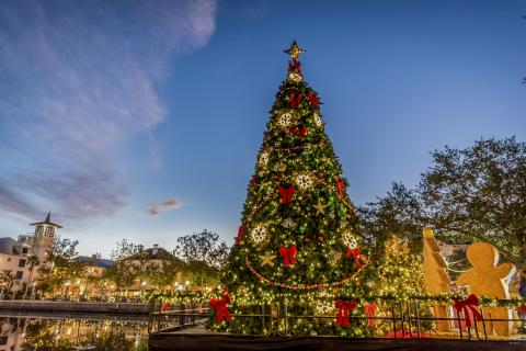 Christmas tree and gingerbread decorations at downtown Celebration, Florida.