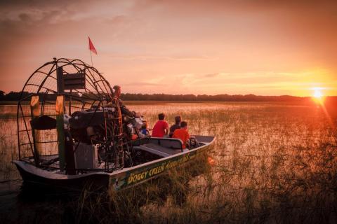 Airboat at sunset at Boggy Creek in Kissimmee
