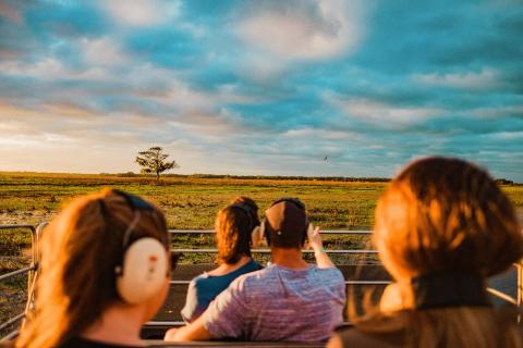A group of people wearing protective headphones ride in an airboat, looking out over a wide grassy wetland at sunset with a tree and birds in the distance.