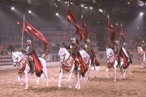 Performers dressed as knights ride white horses carrying red flags inside the arena during a live dinner show at Medieval Times in Kissimmee, Florida.