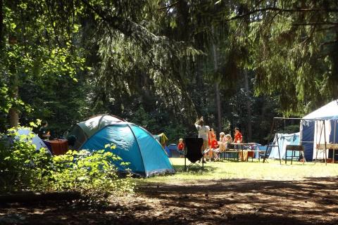 Folks stand around a camp site