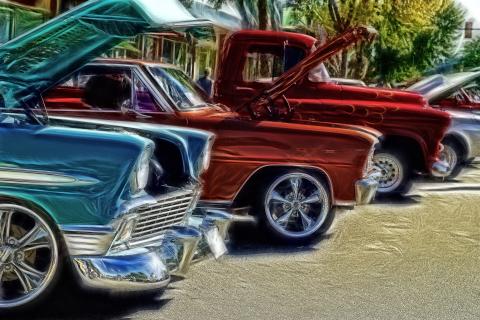 Lineup of classic cars at a car show in Old Town Kissimmee