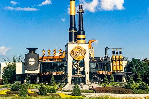 Exterior shot of a building inspired by steampunk style. 