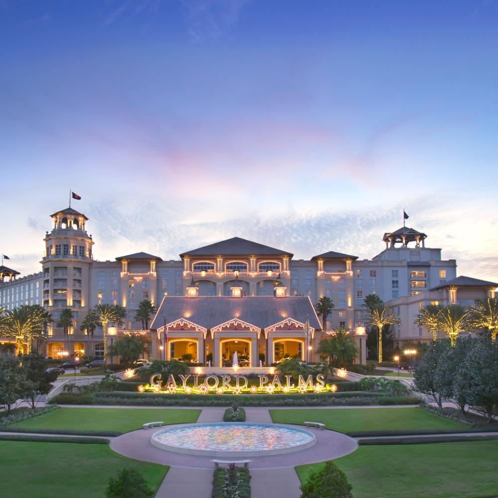 Exterior shot of Gaylord Palms Resort & Convention Center at sunset