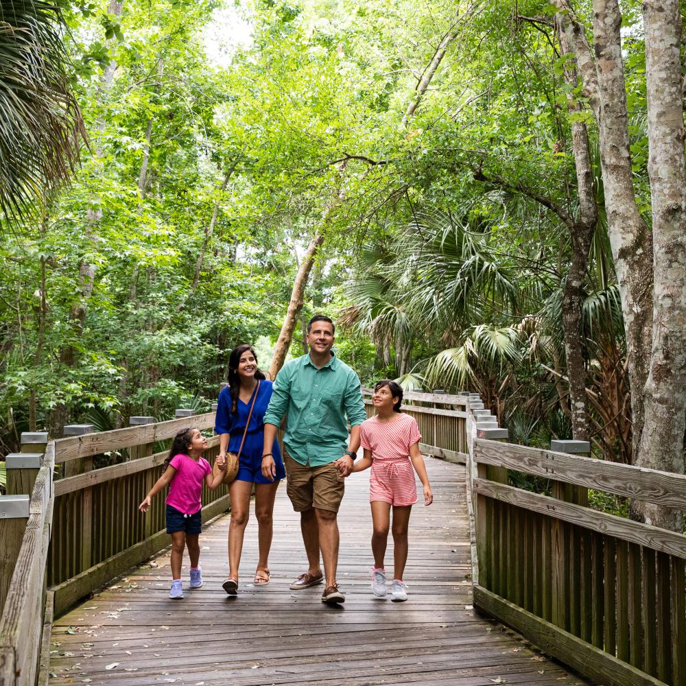 Family of 4 walking down a wooden trail with lots of greenery in Celebration