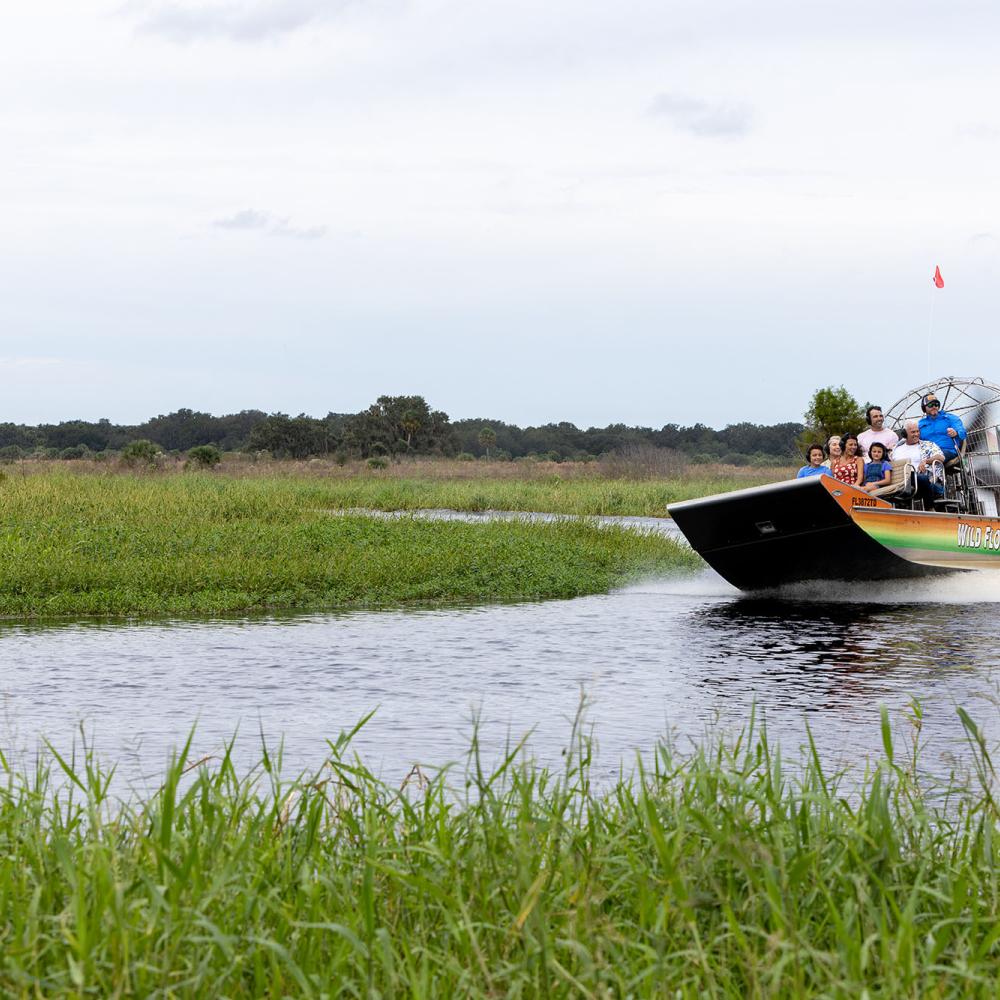 Wild Florida airboat with people riding on it gliding on top of water surrounded by lush greenery.