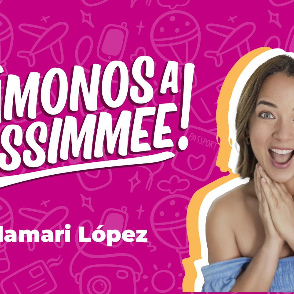 Headshot of Adamari López with the text ¡Vámonos a Kissimmee! on a magenta patterned background