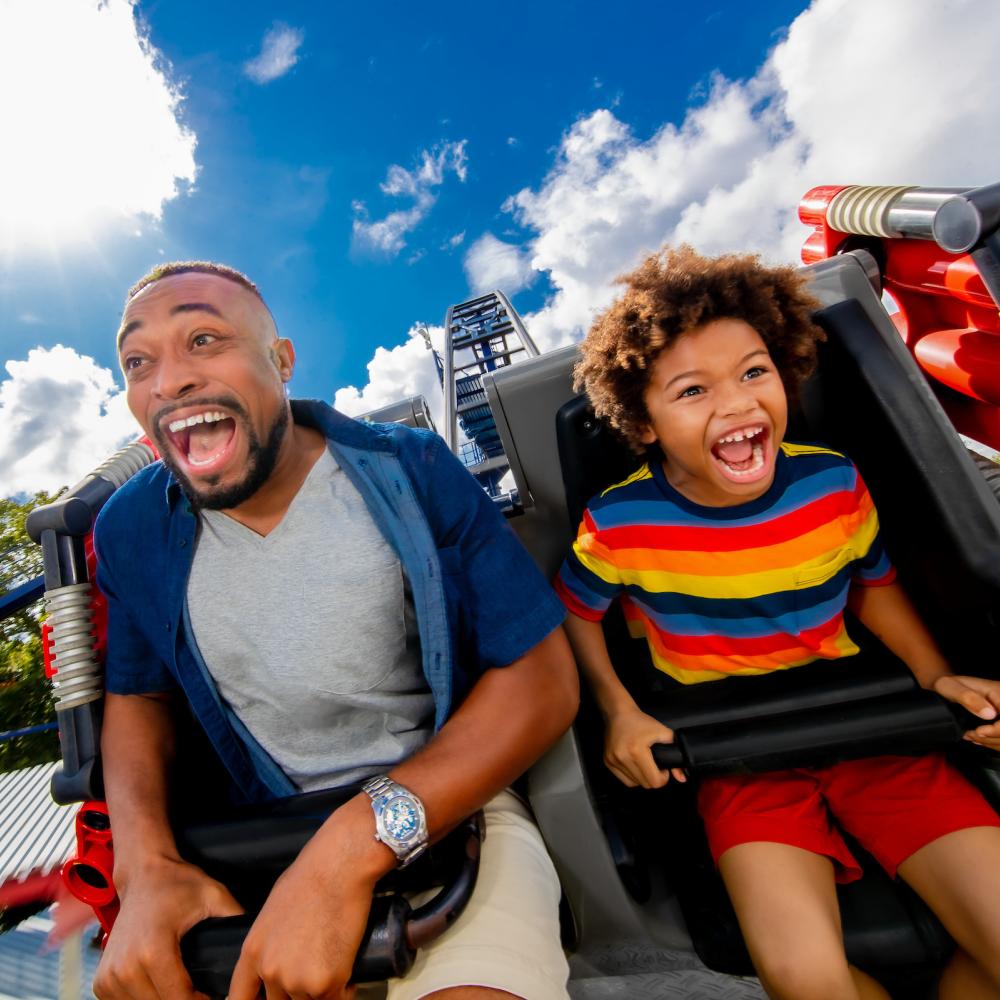 A father and son laugh with excitement while riding a fast roller coaster under a bright blue sky at LEGOLAND® Florida Resort in Kissimmee.
