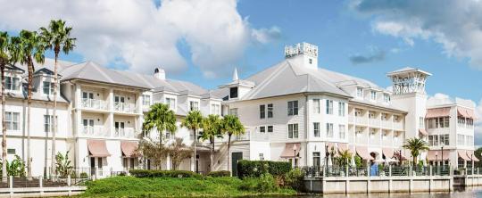 Exterior lodging with a waterfront view.
