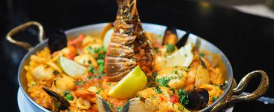 Dish of paella at Estefan restaurant in Kissimmee, Florida