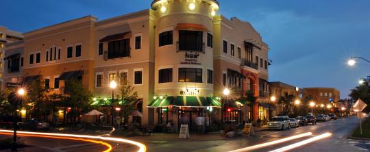 Building at night with lights.