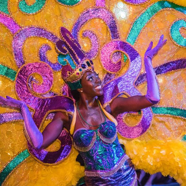 A performer in a vibrant Mardi Gras costume with purple, green, and gold feathers smiles and dances during a nighttime parade.