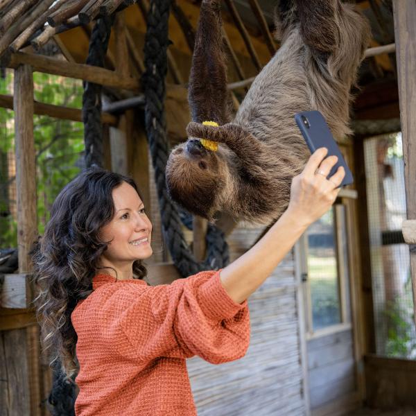 Woman takes a selfie with a sloth eating corn at Wild Florida Adventure Park in Osceola County, just a short drive from Kissimmee, Florida.