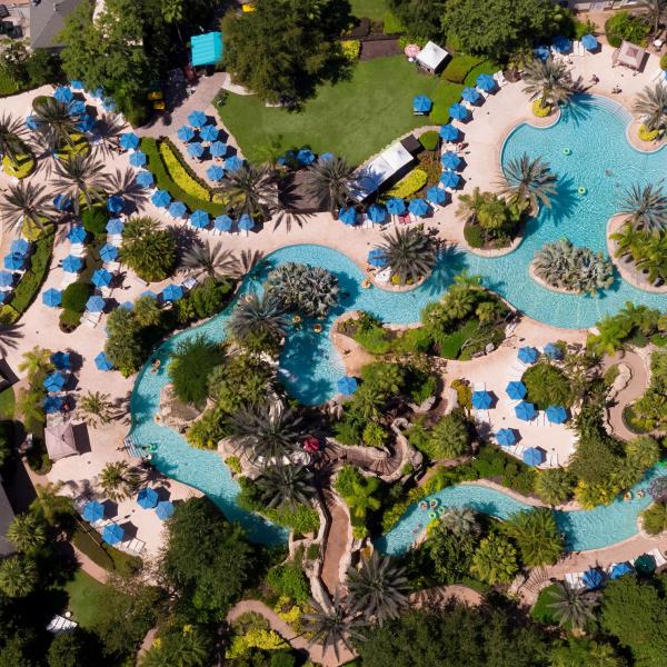Aerial view of a resort pool complex with winding lazy river, palm trees, lounge chairs, and blue umbrellas surrounded by lush landscaping.