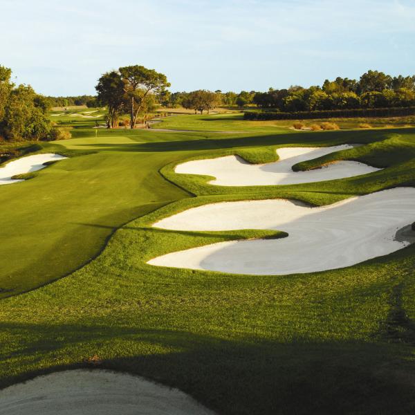 A lush, green golf course and sandtraps in Kissimmee, Florida.
