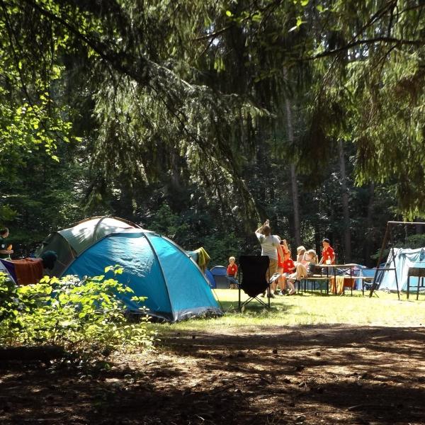 Folks stand around a camp site