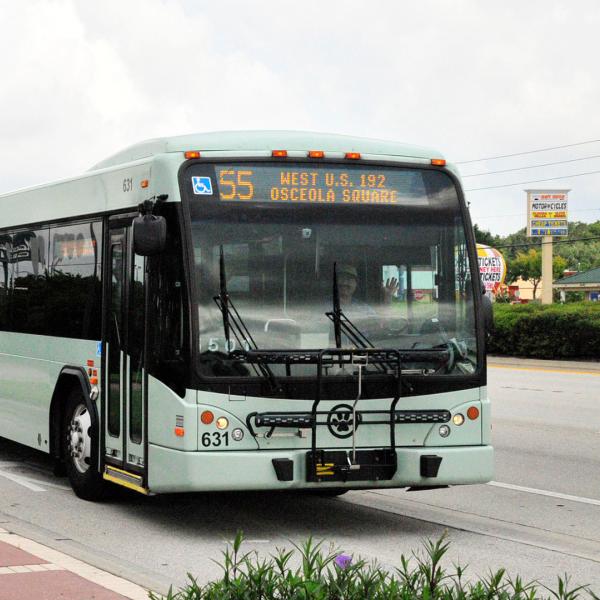 White bus on road in downtown Kissimmee.
