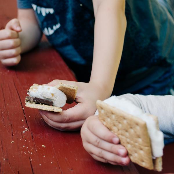 Children holding freshly made s’mores at a picnic table, with gooey marshmallows and chocolate between graham crackers.