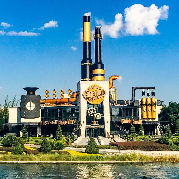 Exterior shot of a building inspired by steampunk style. 